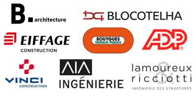 Logos des clients : B.architecture, Blocotelha, Eiffage Construction, Bouygues, Groupe ADP, Vinci Construction, AIA Ingénierie, Lamoureux Ricciotti